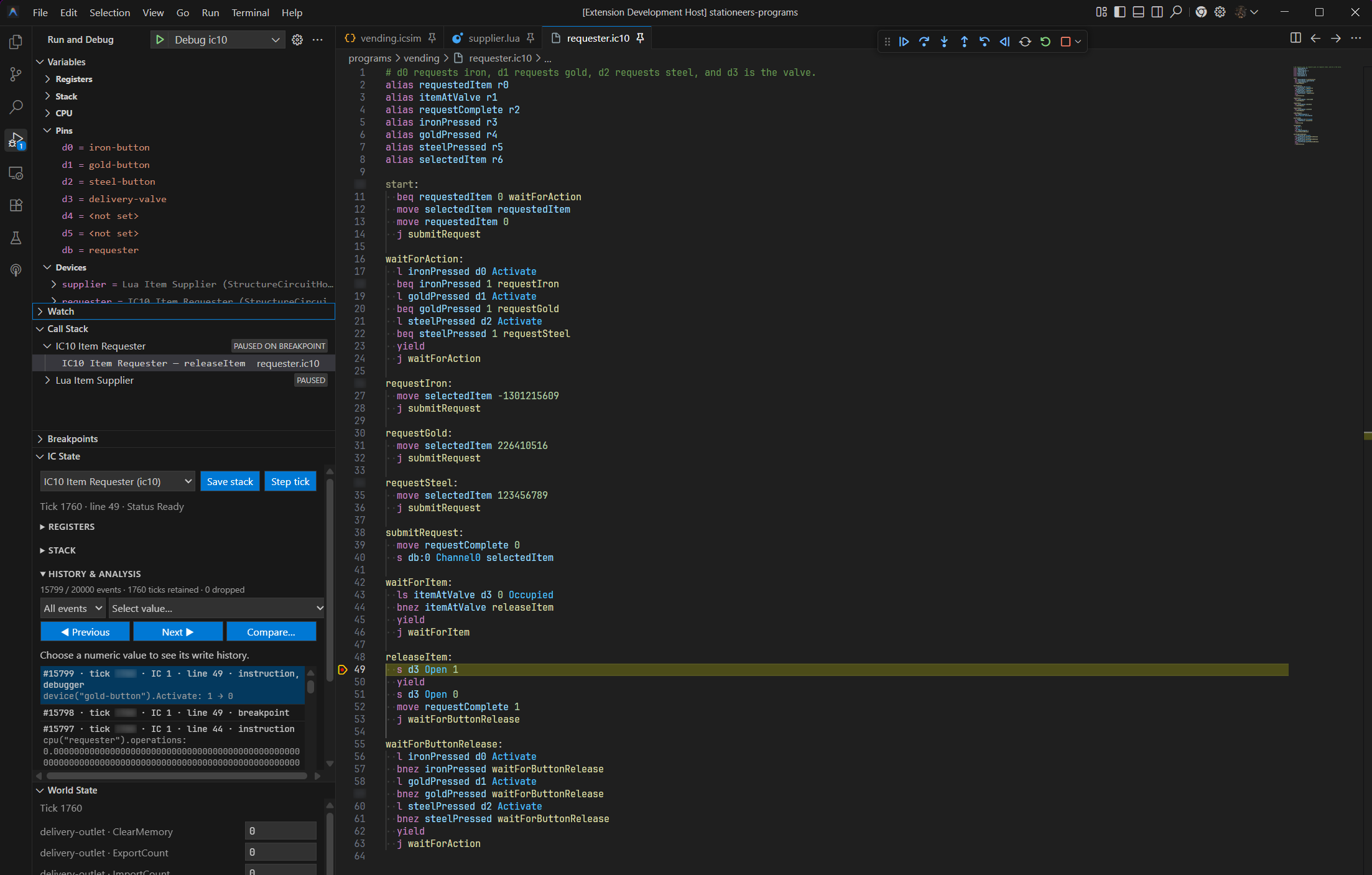 IC10 debugger paused at a breakpoint with runtime state available.