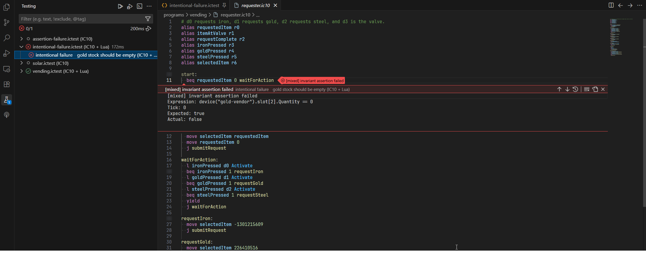 VS Code Testing panel and source paused on a scenario assertion failure