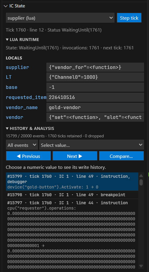IC State view showing Lua runtime locals and history controls while paused