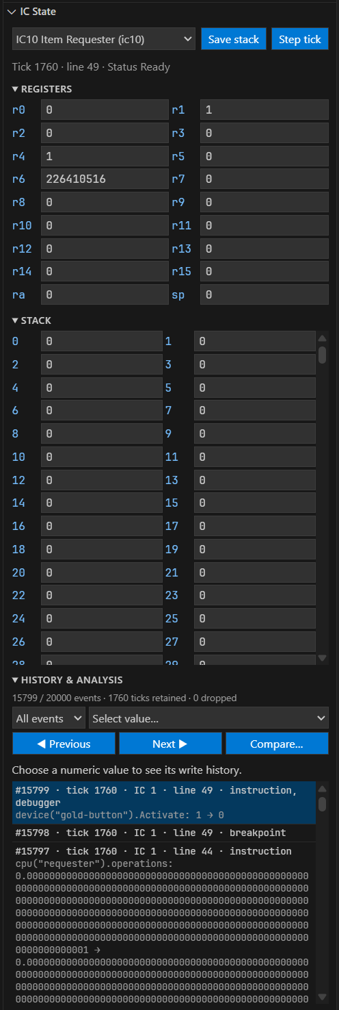 IC10 State view showing registers, stack values, and simulation stepping controls