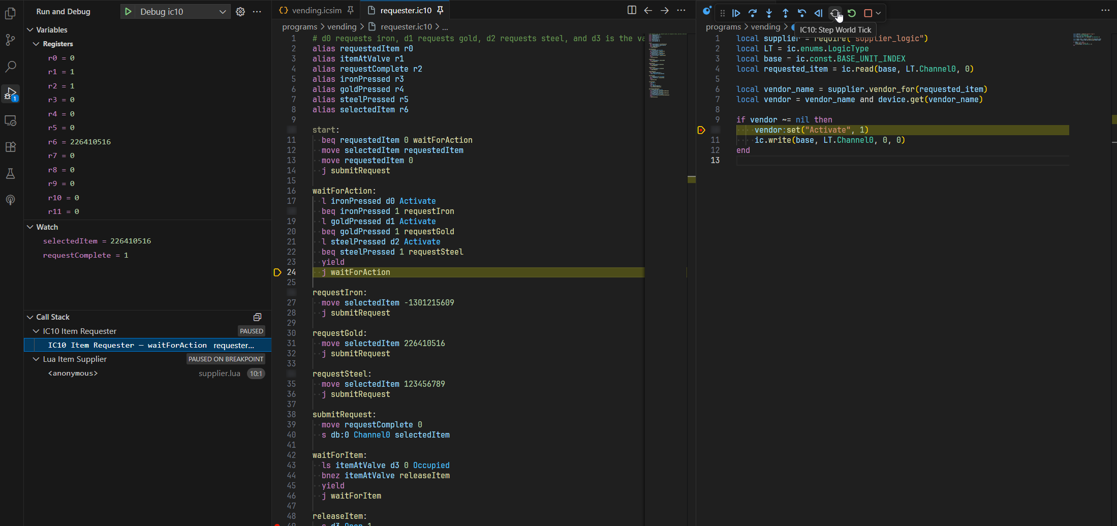 Debugger showing multiple IC and Lua threads sharing one simulation world