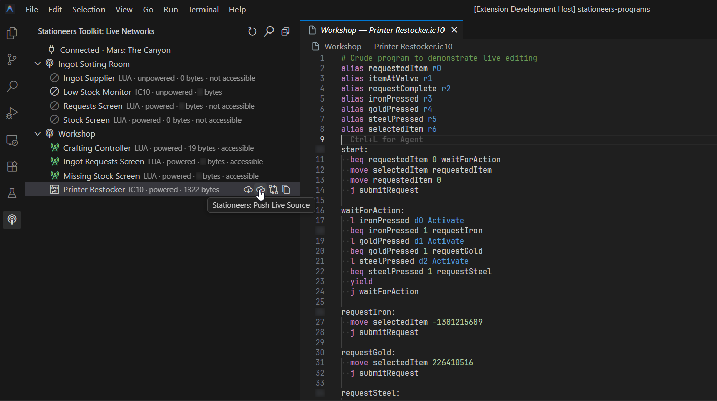 Live Networks view with a selected chip and its live source open in the editor