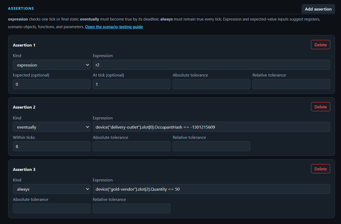 Assertions section of the scenario test editor showing assertion cards and expected values