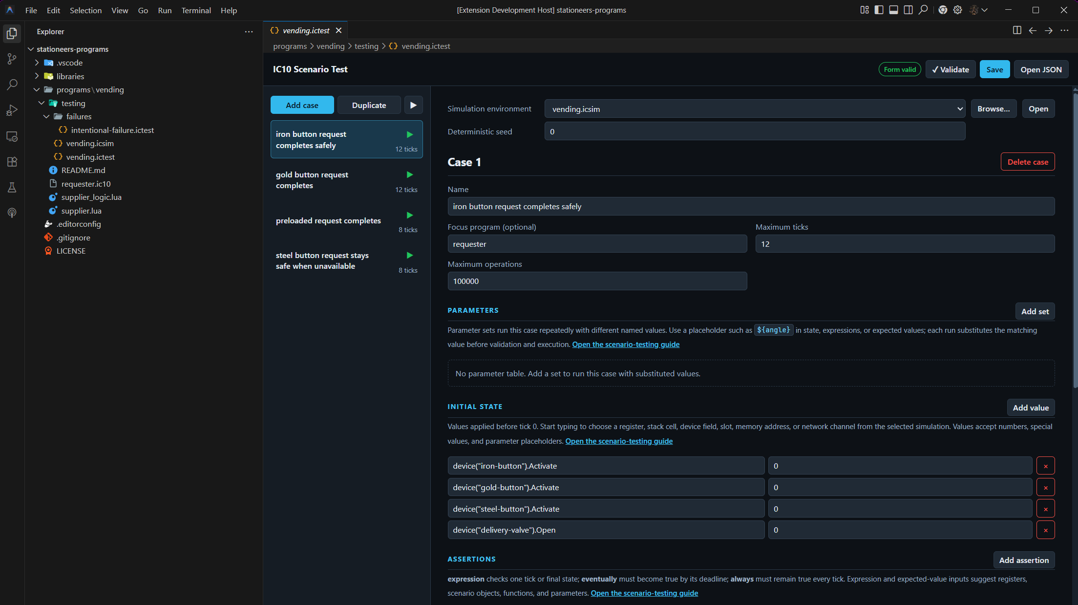 Scenario test editor showing the VS Code workspace, case list, simulation settings, and main test sections