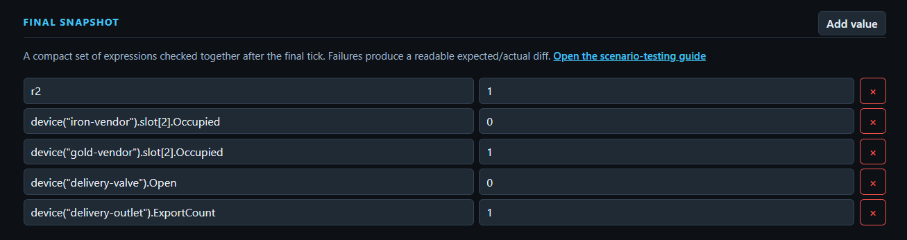 Final Snapshot section of the scenario test editor showing final expressions and expected values