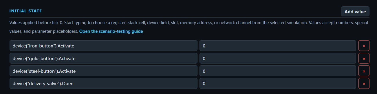 Initial State section of the scenario test editor with configured device values