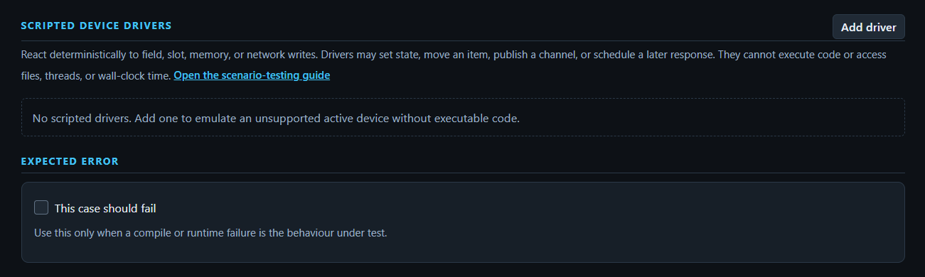 Scenario test editor showing the Scripted Device Drivers and Expected Error sections