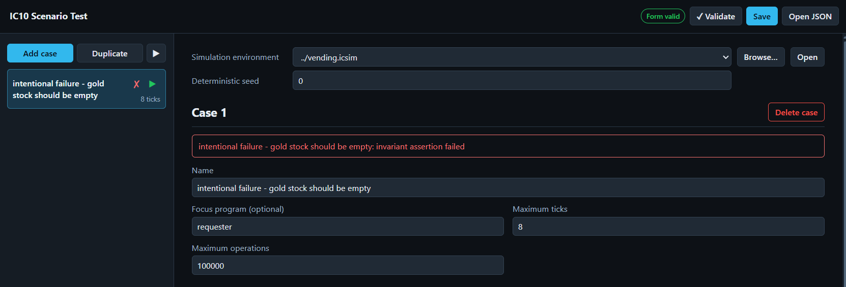 Scenario test editor showing a failed case and its assertion failure tooltip