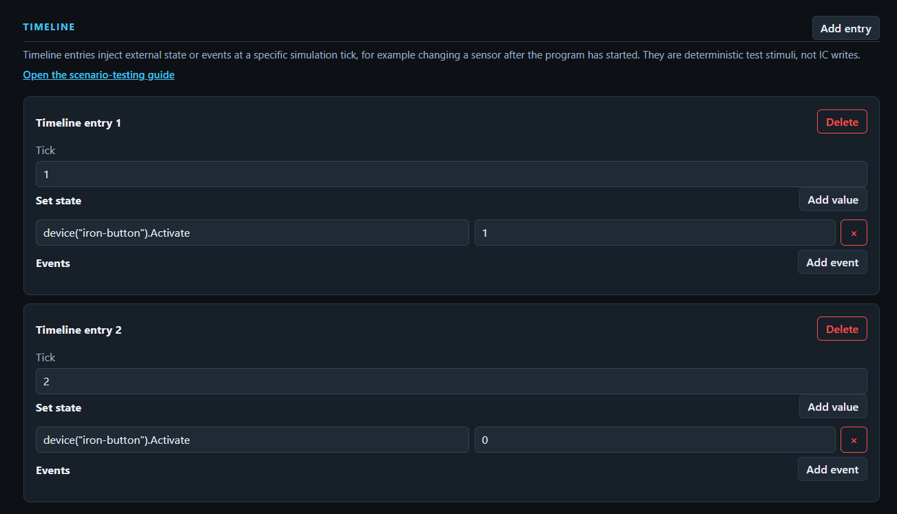 Timeline section of the scenario test editor showing tick-based changes and events