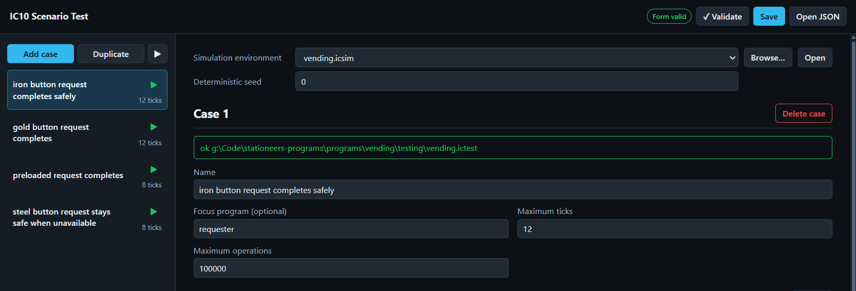 Scenario test editor showing a successful validation result